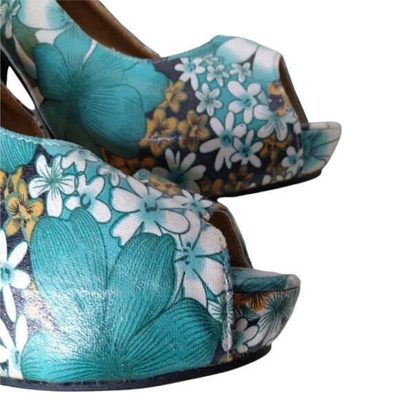 Show Story Platform Heels Teal Floral Open Toe Size 9.5 or EU41 - Picture 4 of 15